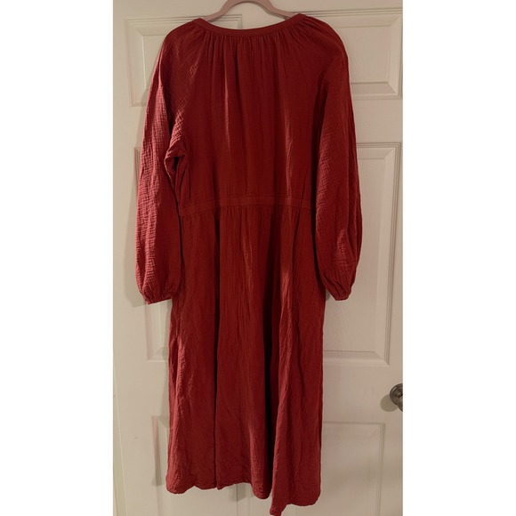 Pact Organic Cotton Gauze Button Front Maxi Dress XL Rust Red Long Sleeve Pocket - Picture 13 of 14